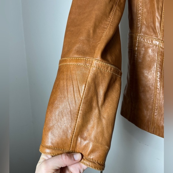 Vintage Anne Klein Longer Line Camel Faux Belted Leather Jacket Sz M - Picture 3 of 15
